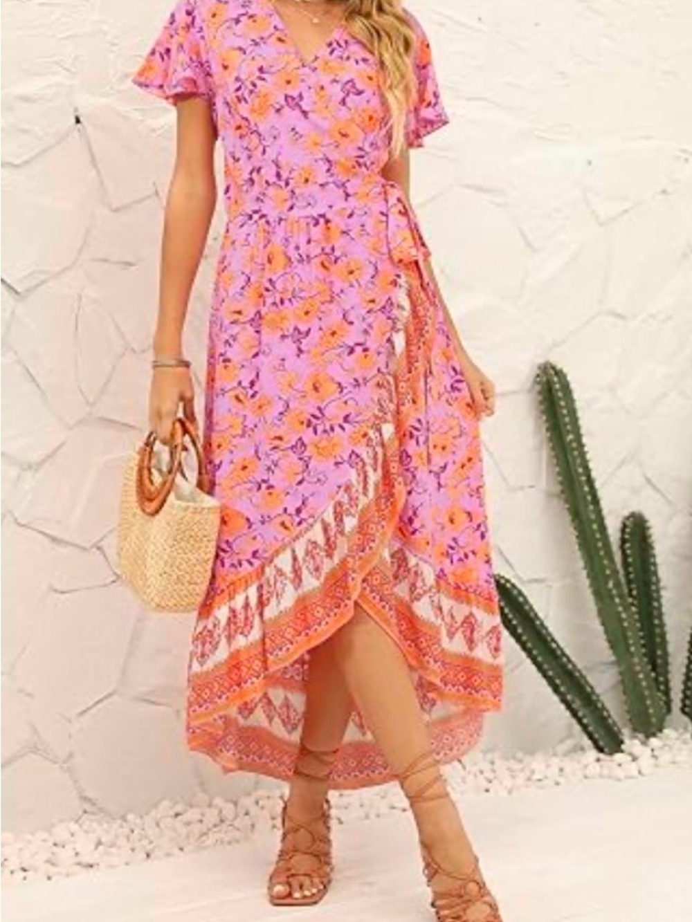 NWT ZESICA Boho Floral Wrap High-Low Midi Dress Pink Orange Size
M